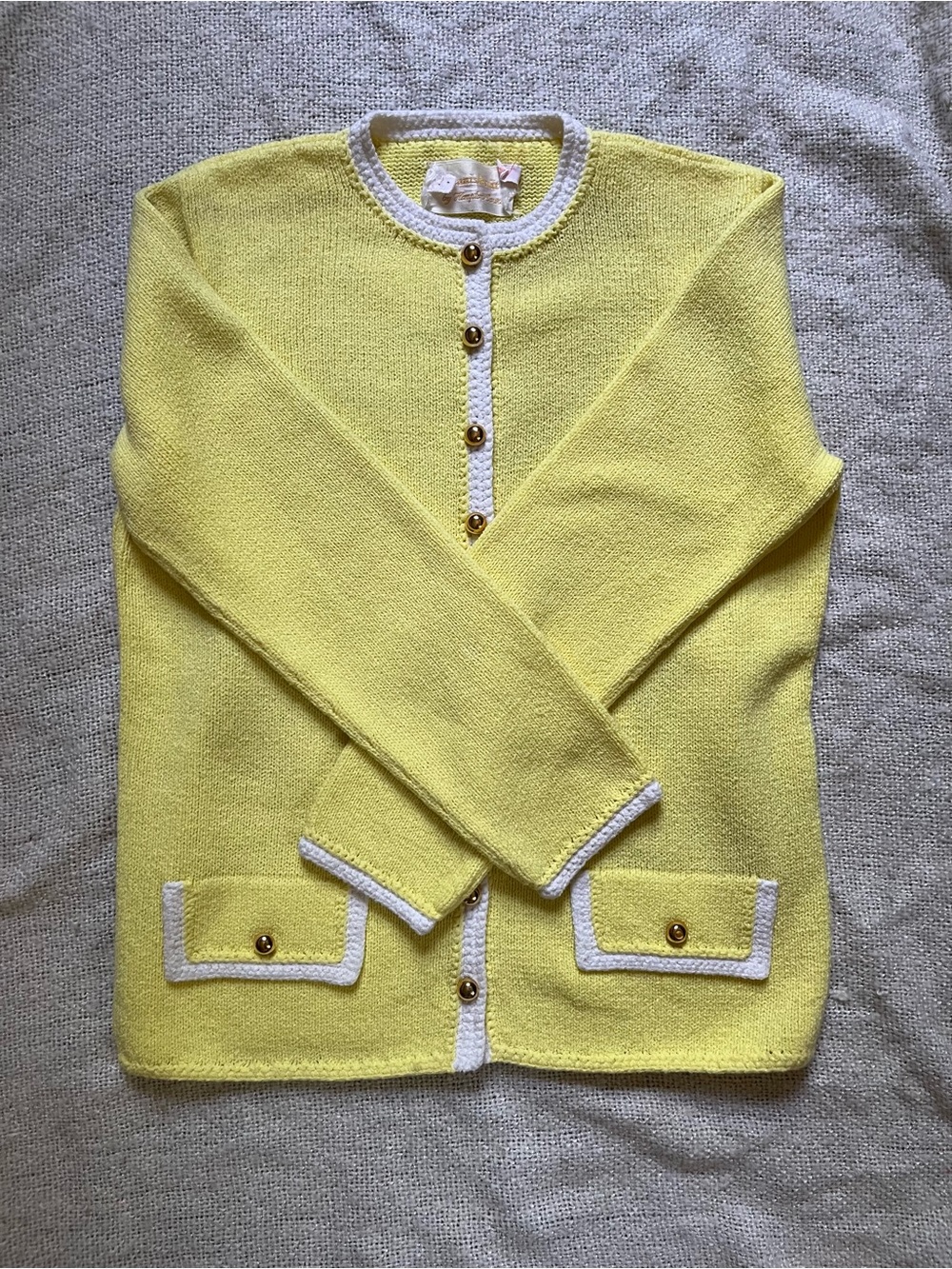 Vintage Yellow Cardigan Sweater with White Trim & Gold Buttons